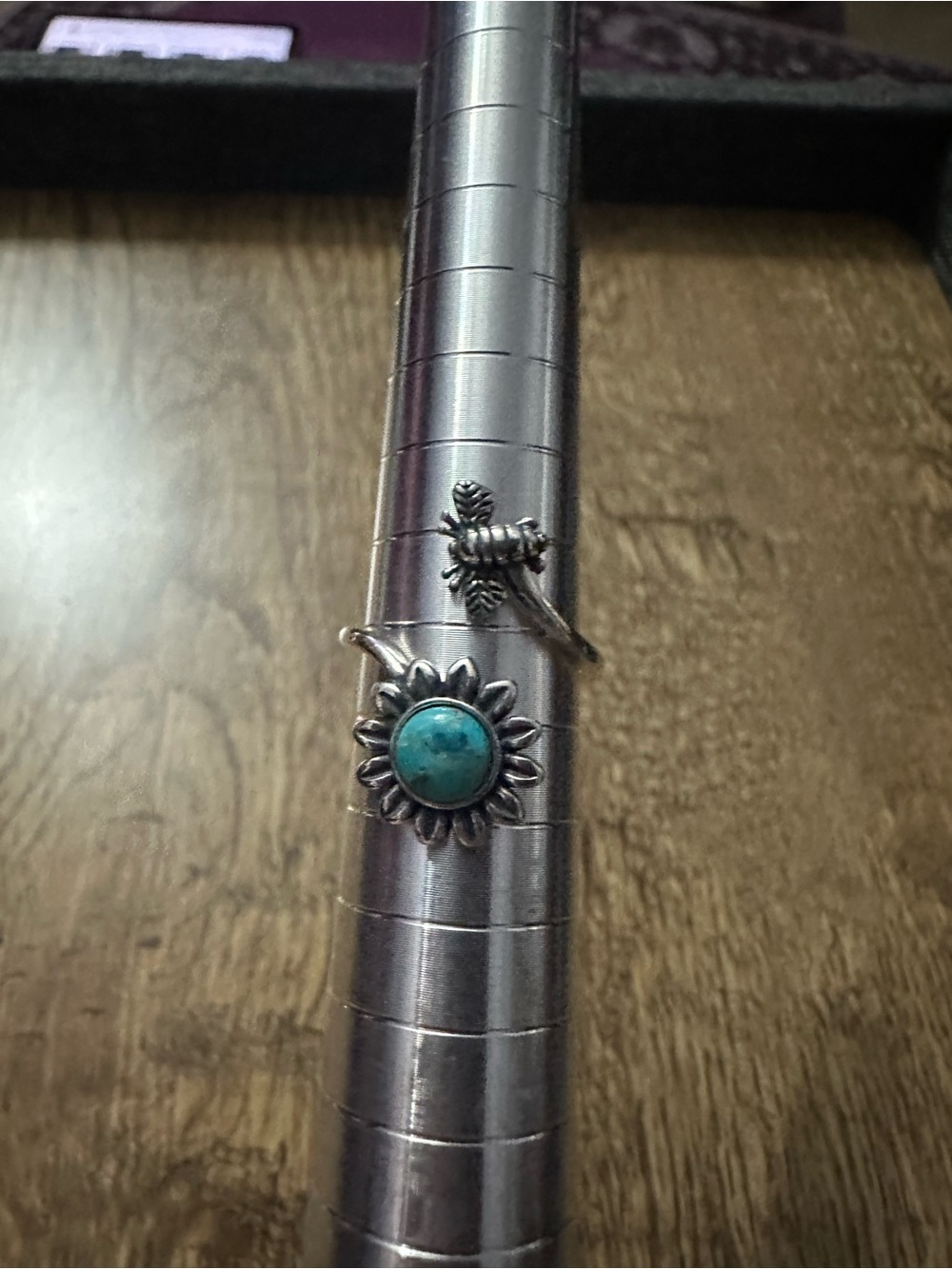 Sterling silver flower and bee adjustable ring